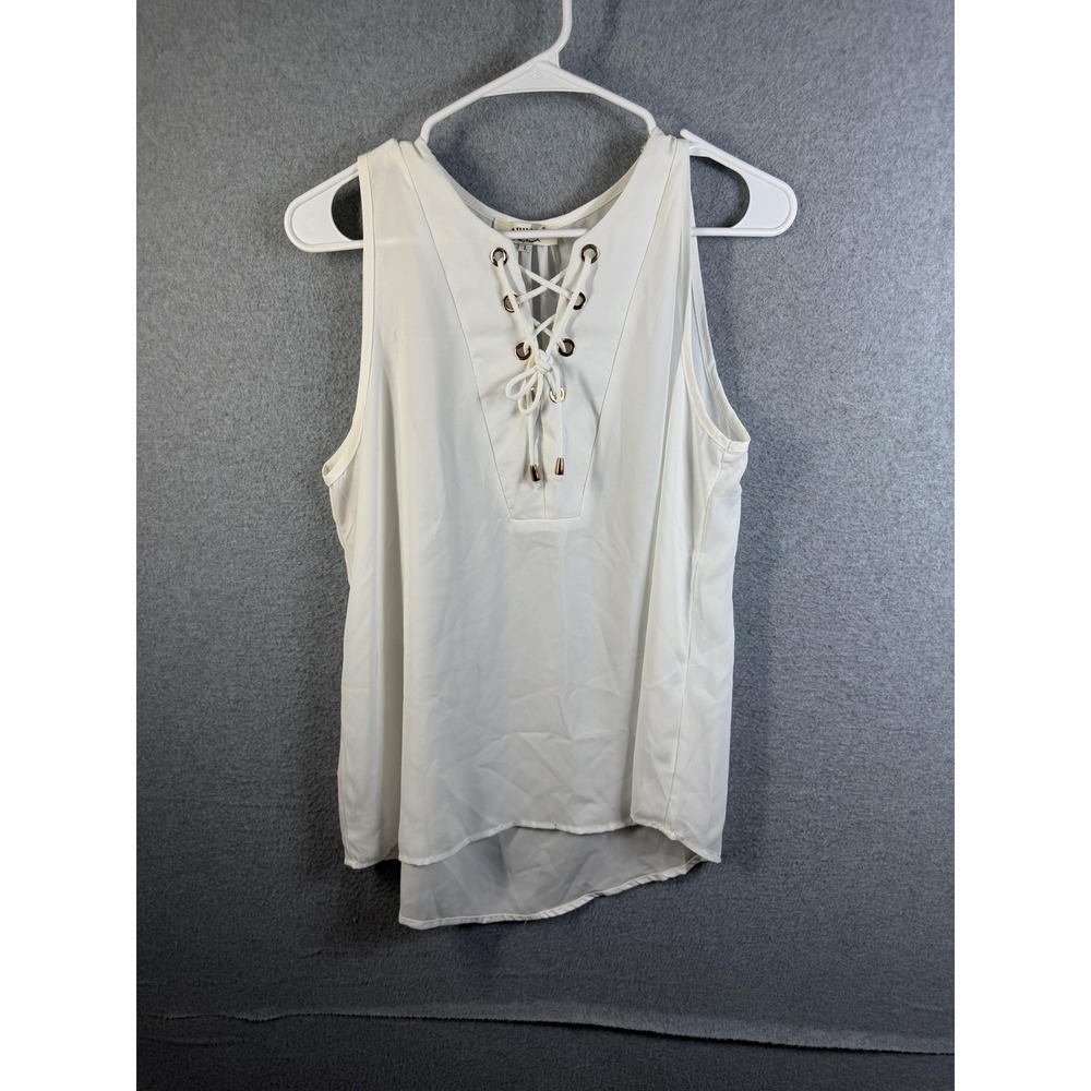 Julia Tank Top Womens Large White Lace Up V Neck Sleeveless Tunic Blouse
